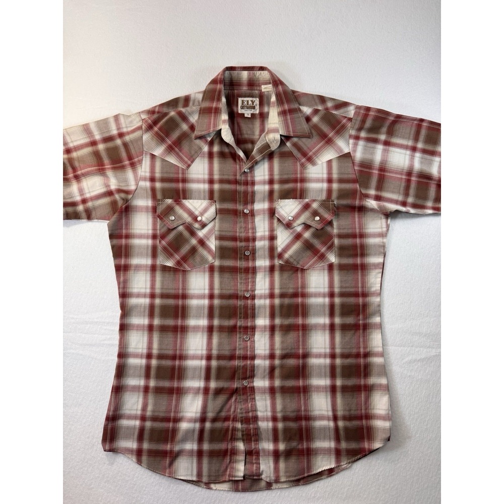 Ely Cattleman Mens Short Sleeve Pearl Snap Button Up Sz M Red Cowboy Rodeo EUC